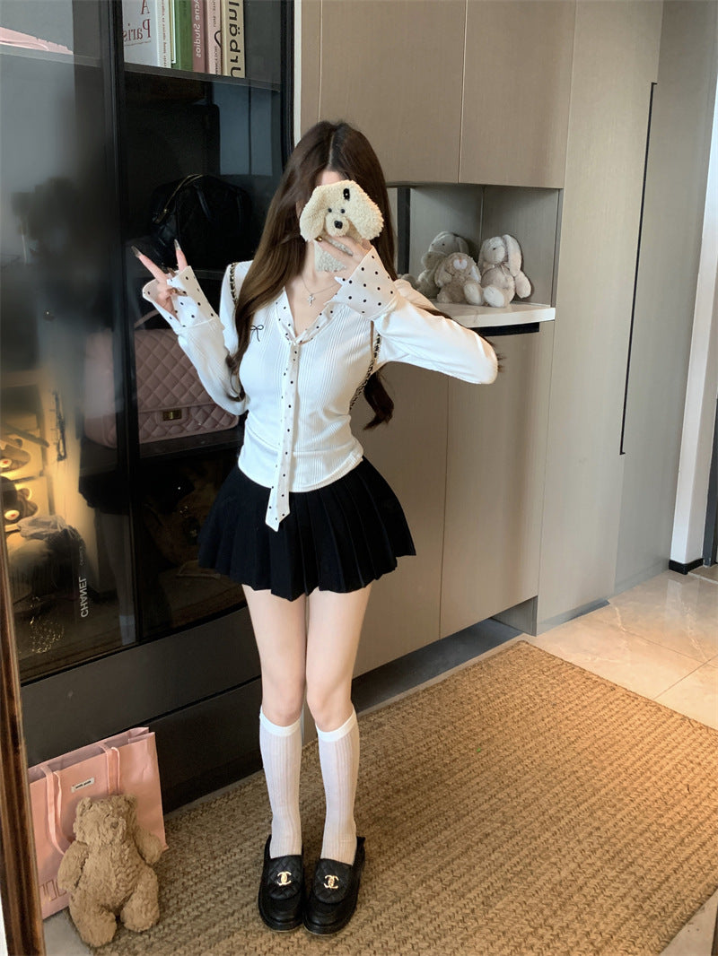Polka Dot Patchwork Ribbon Long Sleeve T-shirt Women
