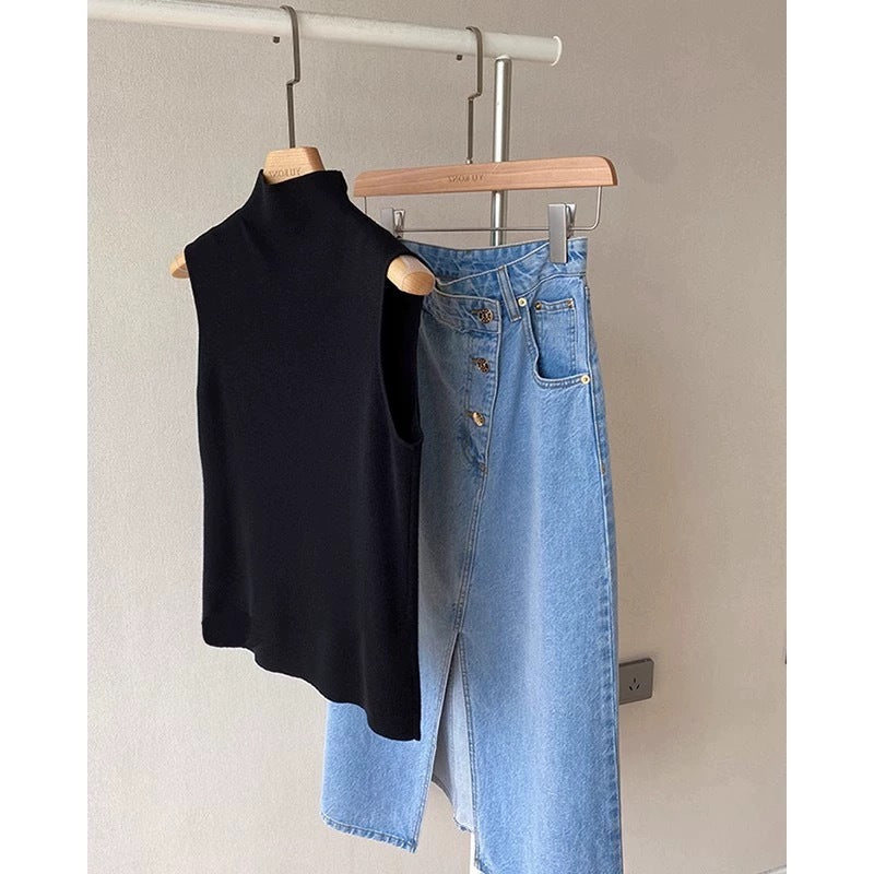 Alsidig halv-høj krave strikket vest camisole dametop