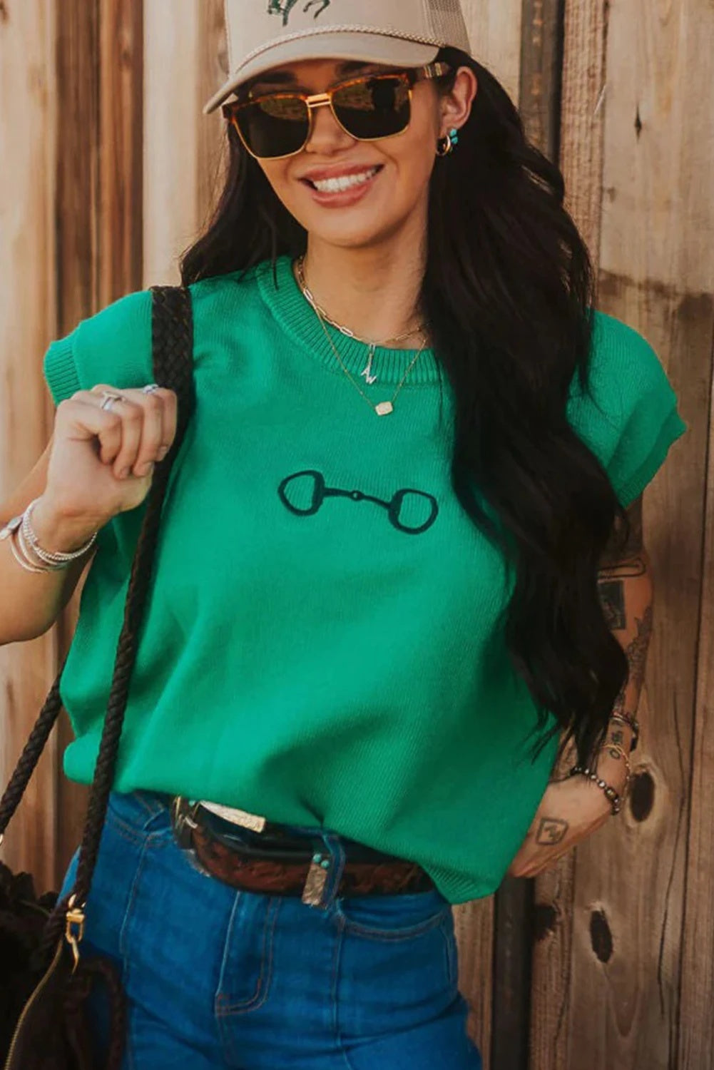 Bright Green Horsebit Embroidery Loose Sweater With Short Sleeves