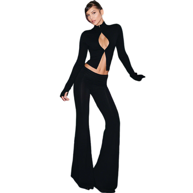 Womens Personalized Stand Up Collar Slimming Crochet Button Cardigan Top And Casual Pants Set