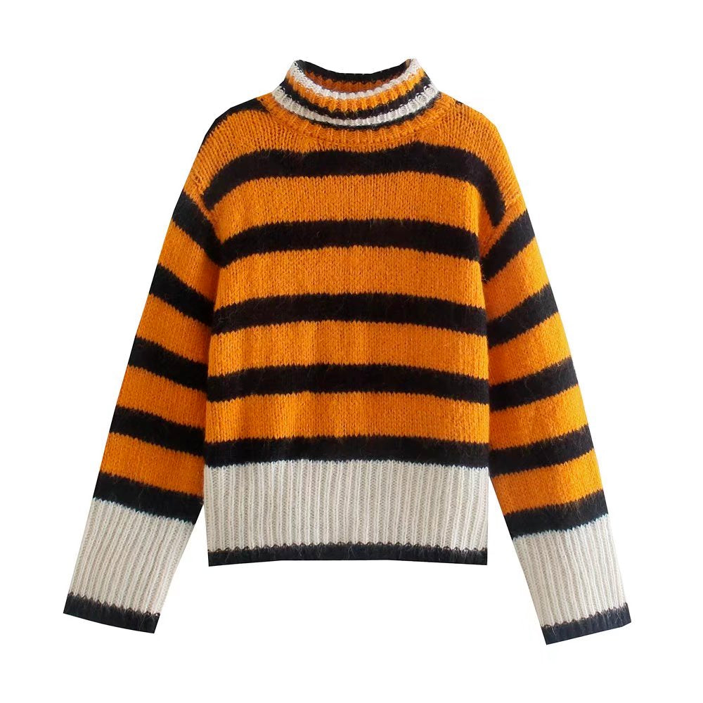 Half Turtleneck Contrast Color Striped Sweater
