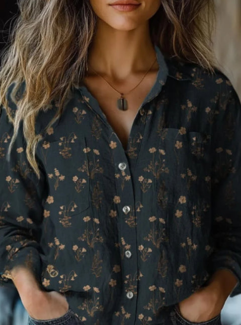 Women's Black Floral Pattern Print Casual Long Sleeve Cotton Shirt
