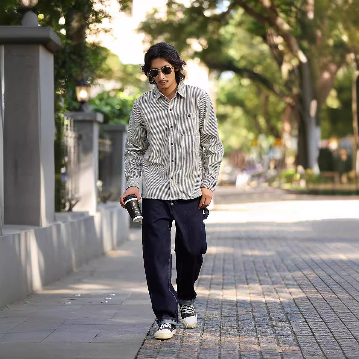 Vertical Striped Single Bag Shirt Men's Retro Long Sleeve