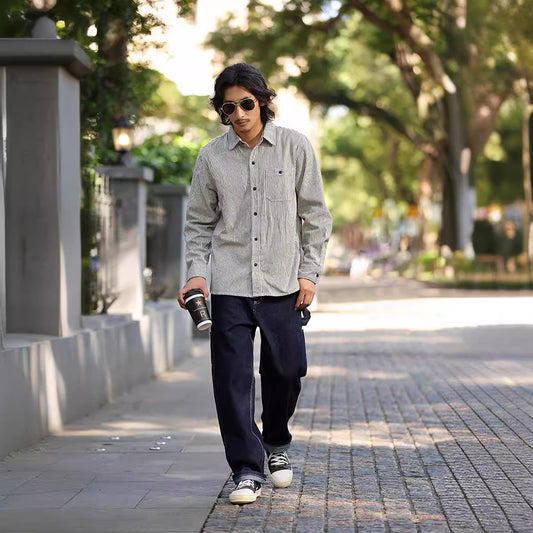 Vertical Striped Single Bag Shirt Men's Retro Long Sleeve