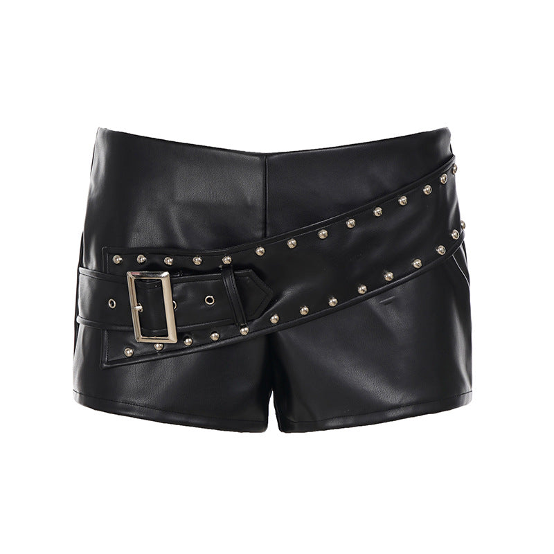 High-street Biker-style Rivet-buckle Belt-embellished Patchwork Leather Pants