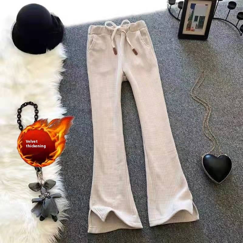 Fleece-lined Thickened Chenille High Waist Drooping Slit Casual Pants