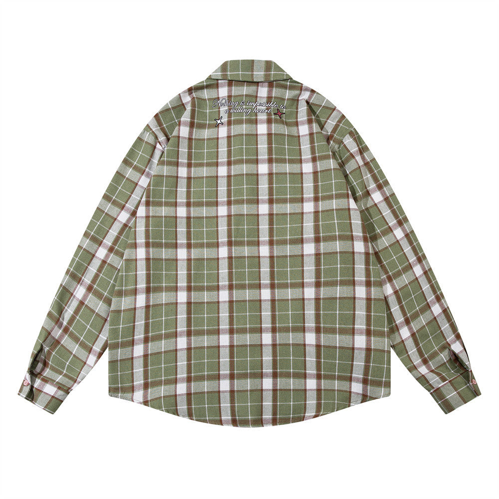 Spring And Autumn Loose Long Sleeve Plaid Shirt Men's And Women's Embroidered Letters