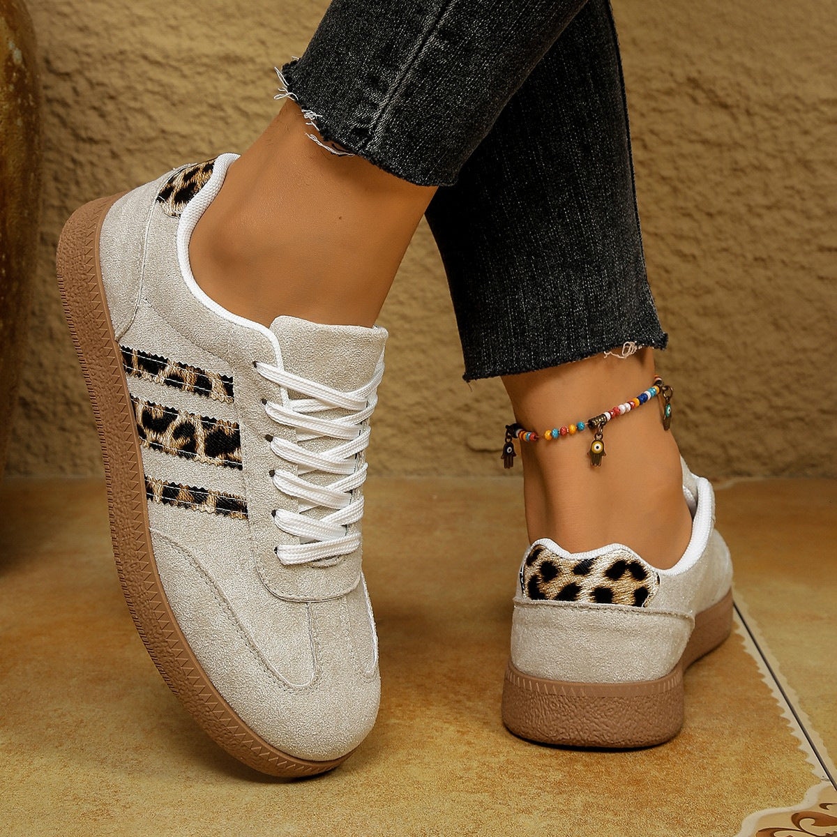 Springautumn New Vintage Leopard-print White Shoes Round-toe Lace-up Large-size Casual All-match Sneakers