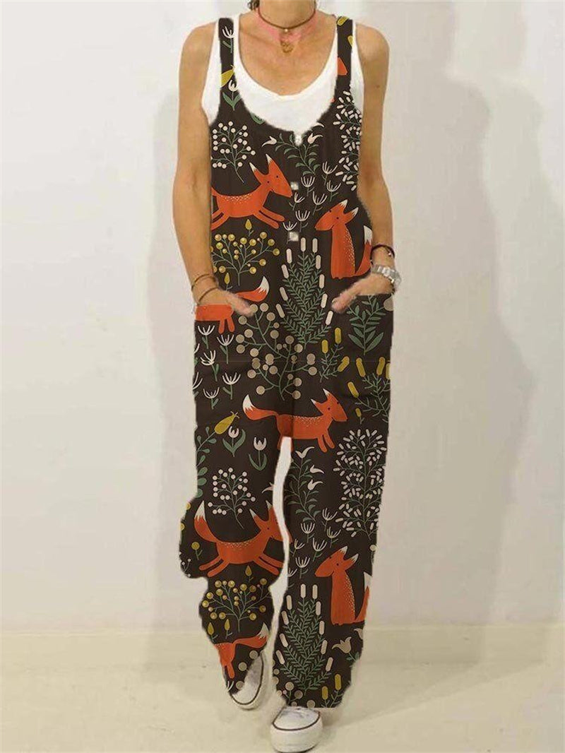 Women's Animal Floral Botanical Print Casual Sleeveless Loose Jumpsuit