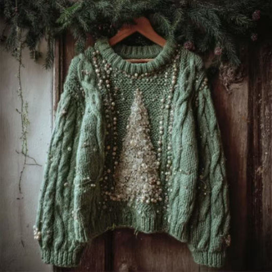 Womens Crew-neck Printed Long-sleeve Knit Sweater