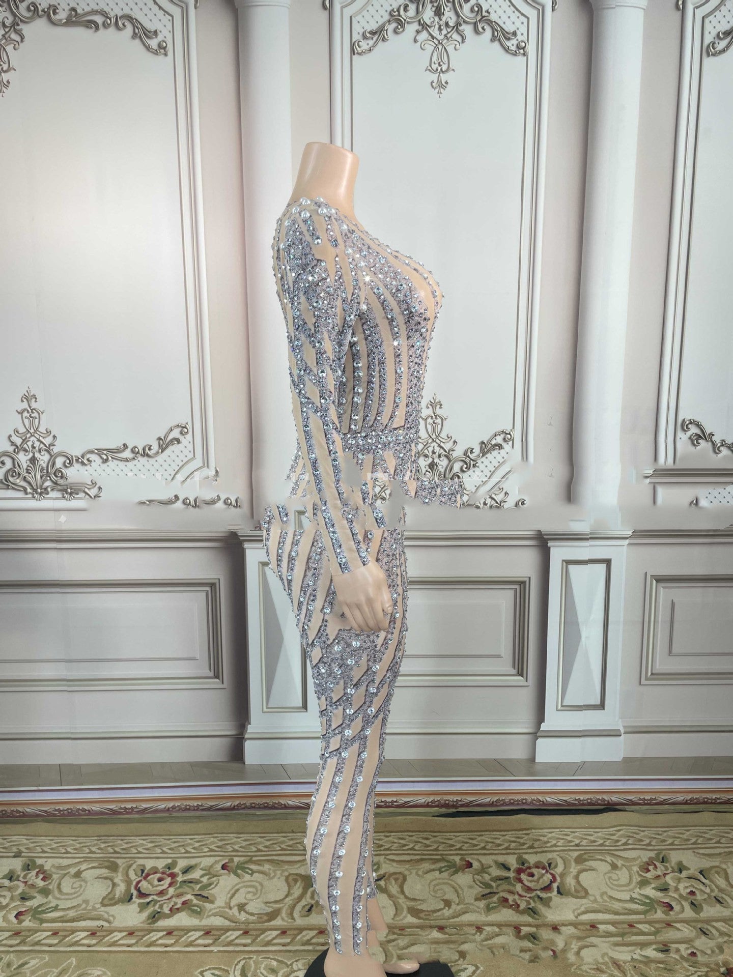 Mesh See-through Rhinestone Tight Casual Jumpsuit
