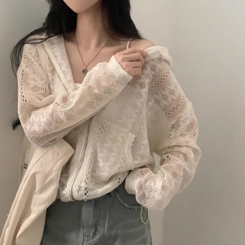 Hollow Jacquard Drawstring Hem Long Sleeve Hooded Lace Coat