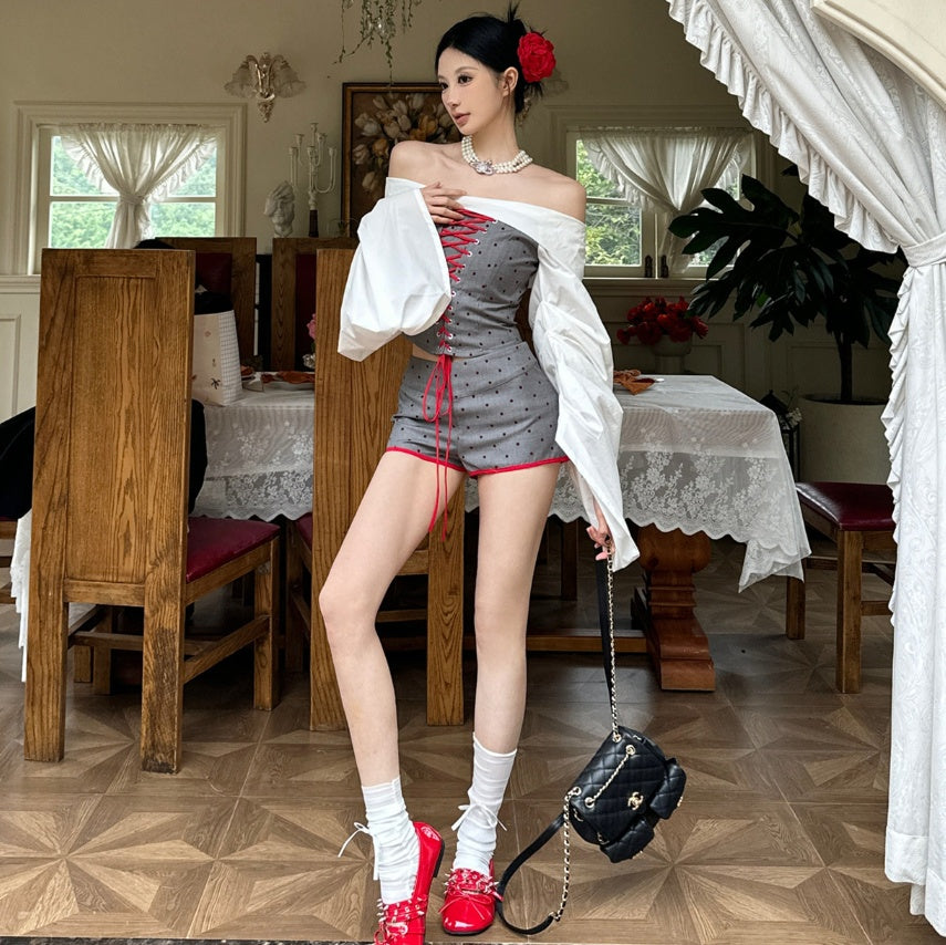 Off-shoulder Strap Top With Puff Sleeves, Womens Chic Slim-fit Shorts Set
