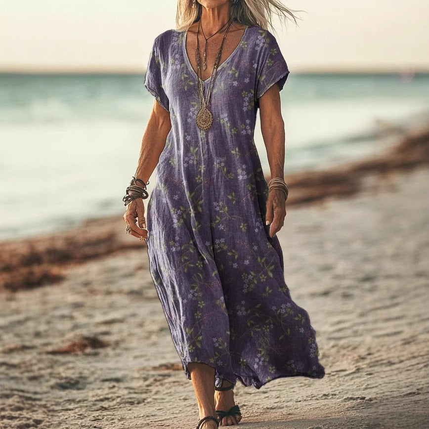 Womens Floral V-Neck Short-Sleeve Dress