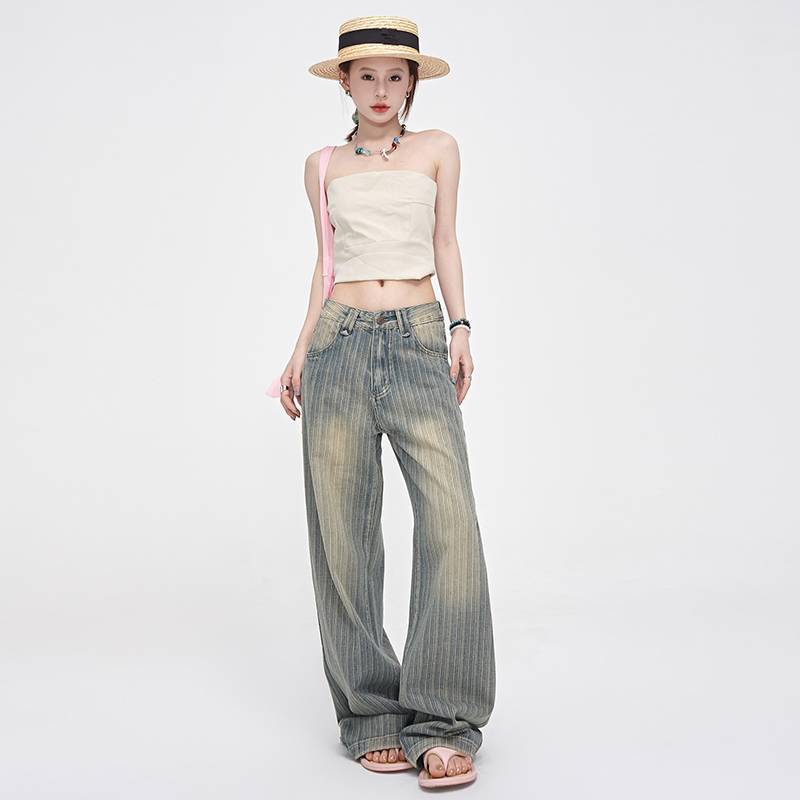 Retro Light-colored Distressed Low-rise Striped Jeans