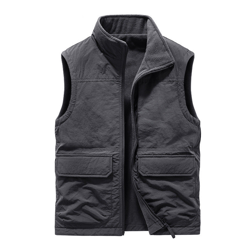 Men's Outdoor Double-sided Wear Velvet Vest Multi-pocket Leisure Cargo