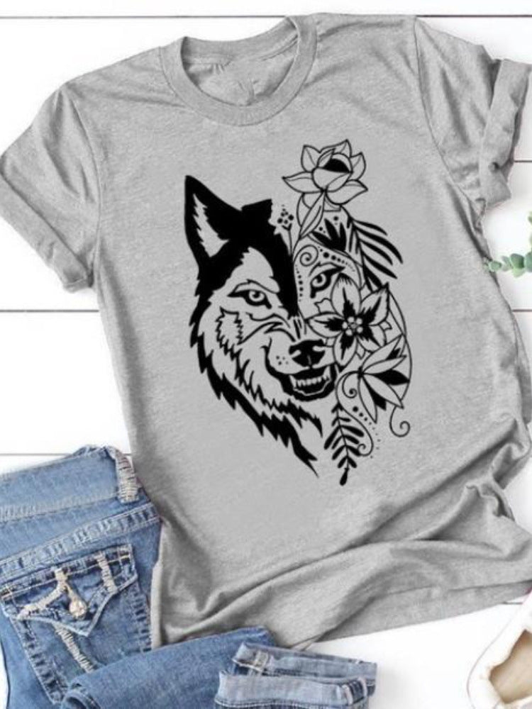 Women's Wolf Head Printed Short-sleeved Top