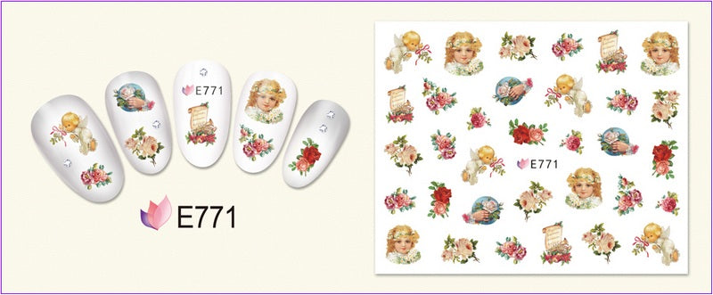 Download main imagesDownload description images11 paquets/LOT NAIL ART 3D SIMULATION dos adhésif ongle autocollant dieu père ange bébé ROSE fleur E765-775