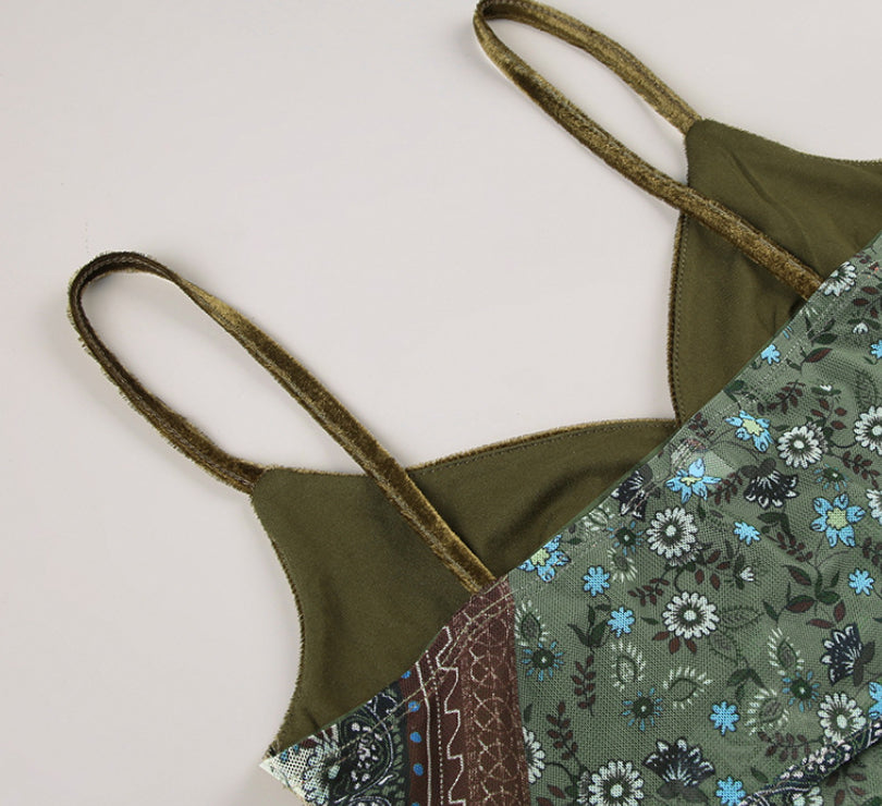Vintage Printed Velvet Stitching Tied Irregular Spaghetti-strap Niche Sexy A Swing Slim Vest