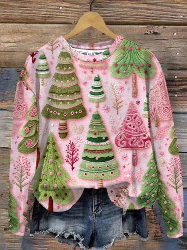 Halsudskæring, juleprint, sweatshirt til damer