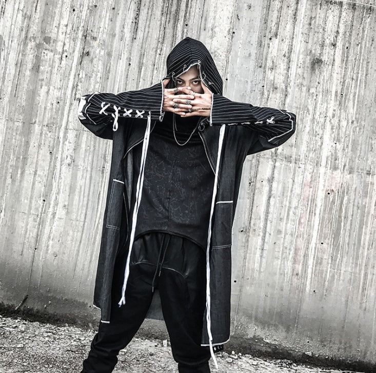 Autumn new national tide loose long hooded windbreaker hairdresser nightclub DJ personality fashion trend coat