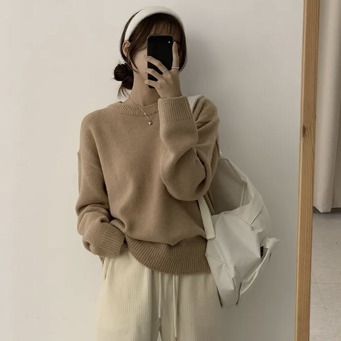 Red Sweater Round Neck Pullover Pure Color Minimal Versatile Sweater