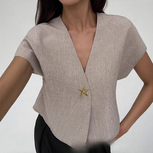 Wide-shoulder Waist-cinching Irregular Hem V-neck Slimming Sleeved Top