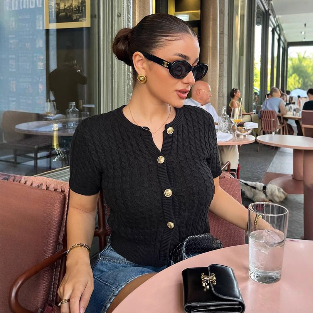 Single-breasted Cable-knit Sweater Short-sleeved Top
