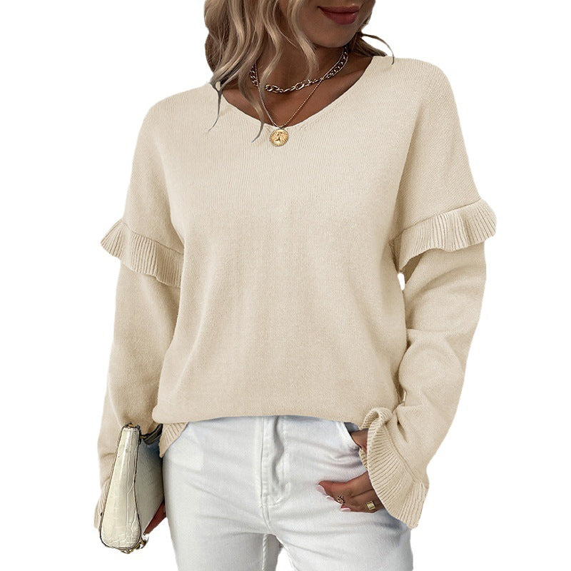 Solid Color And V-neck Petal Sleeve Sweater For Women