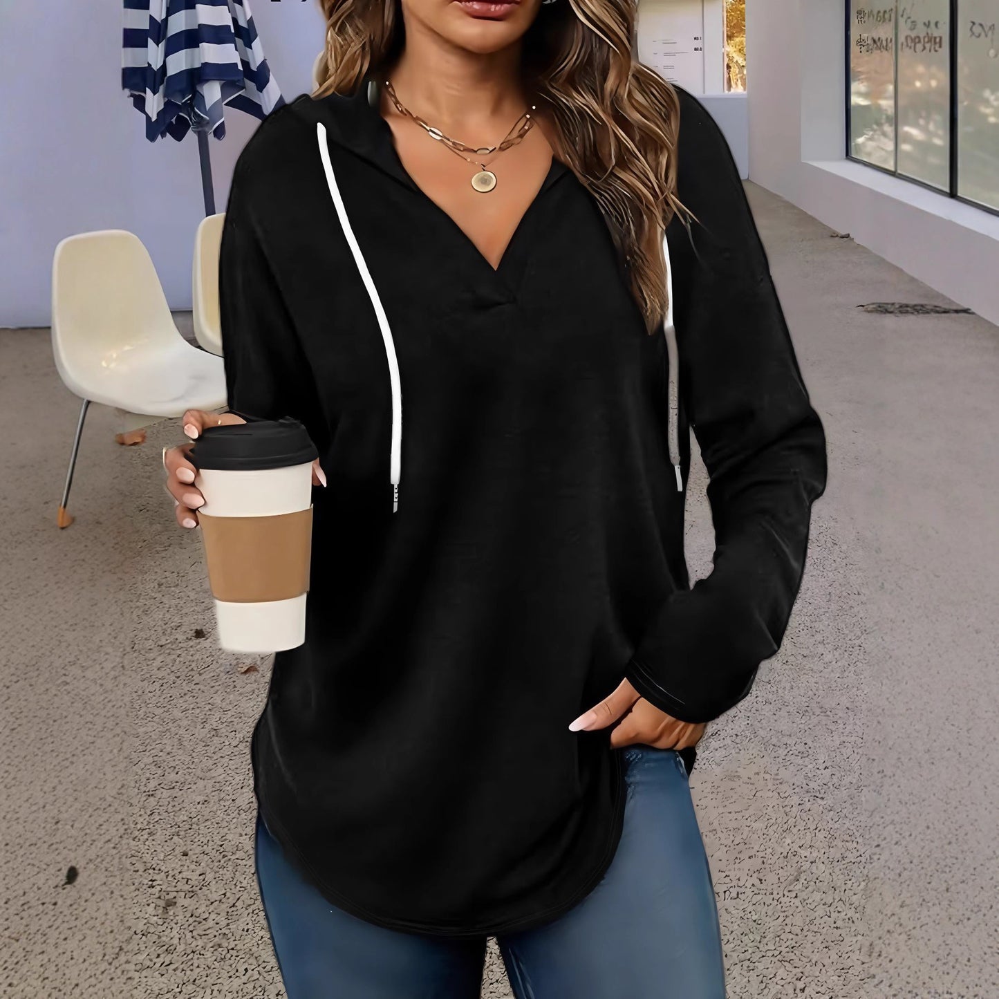 Efterår Ny Dame V-hals Sweatshirt Hætte Langærmet