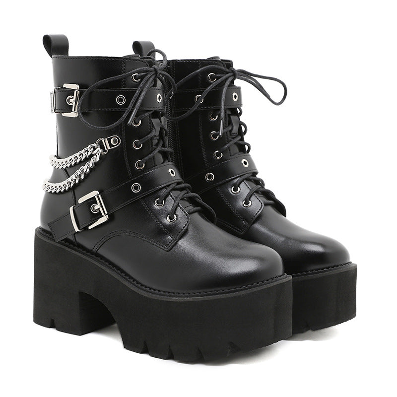 Chunky Heel Platform Women's Boots Belt Buckle