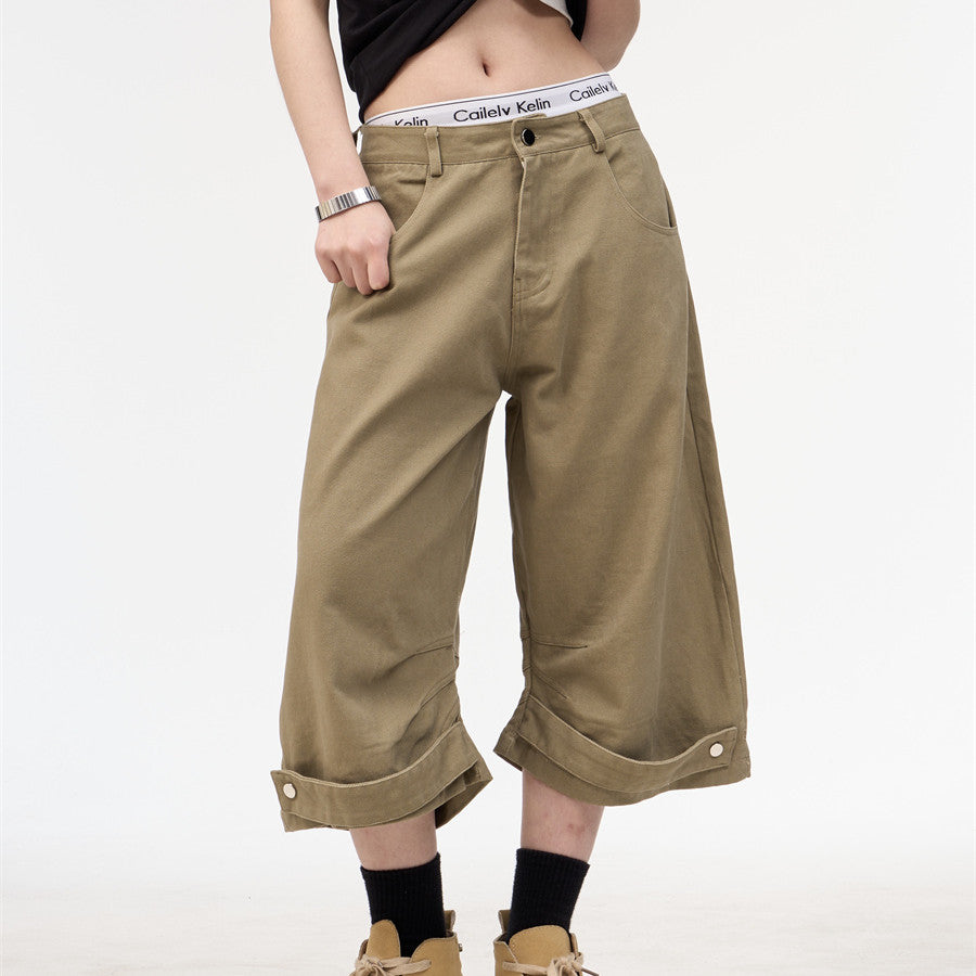 Retro Khaki Workwear Cropped Pants For Women