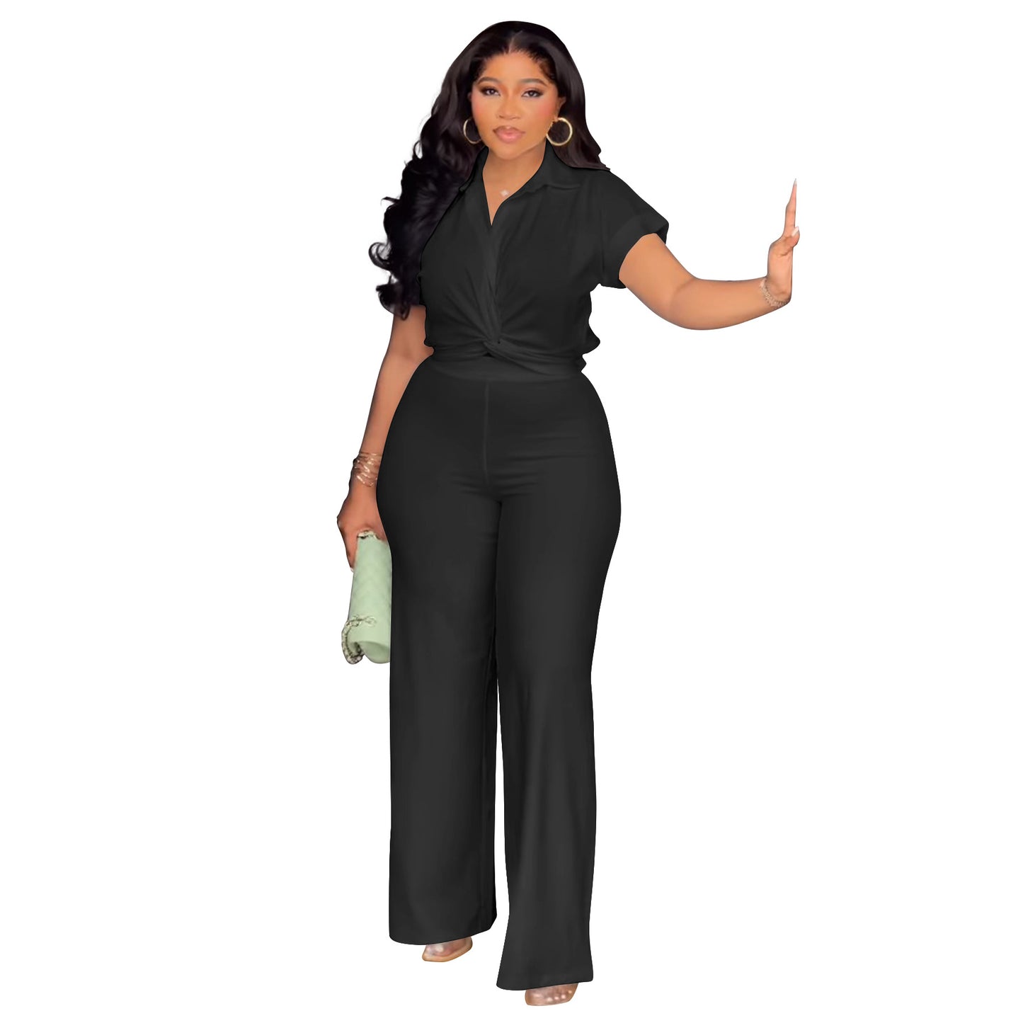 Plus-size Womens Solid-color Short-sleeve Shirt And High-waist Casual Pants Two-piece Set