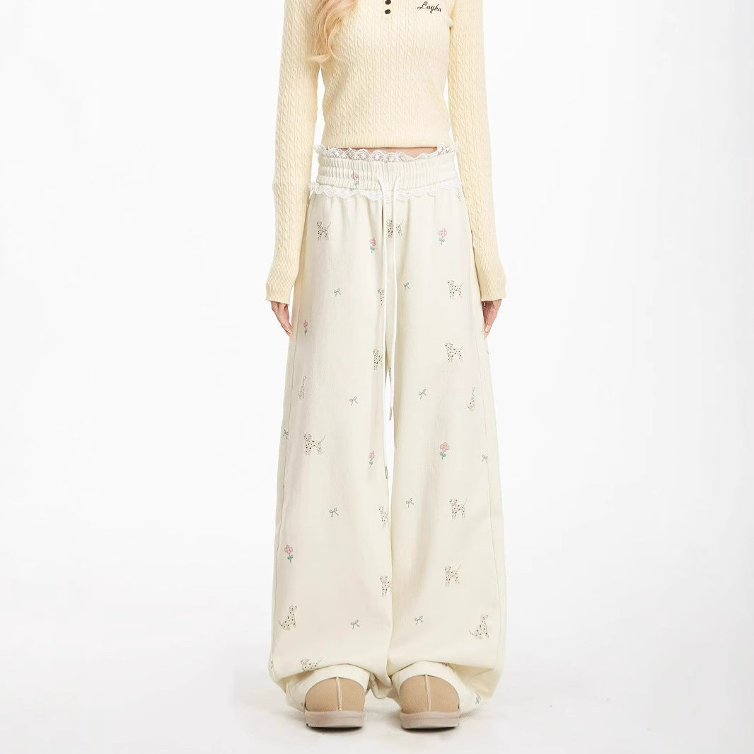 Womens Lace-Patchwork Casual Straight Pants With Puppy Print