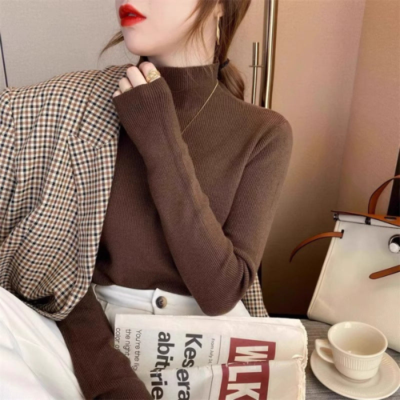 White Stand Collar Half Turtleneck Long-sleeve Knitted Undershirt