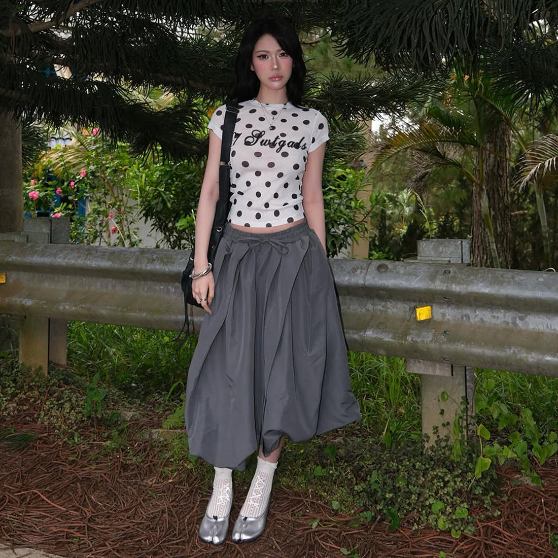 Womens Curvy Fit Base Shirt With A Scoop Neck Polka-Dot And Letter Print
