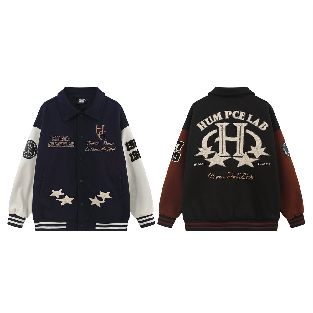 American Retro Street Trend Wool Embroidered Cardigan Baseball Jacket