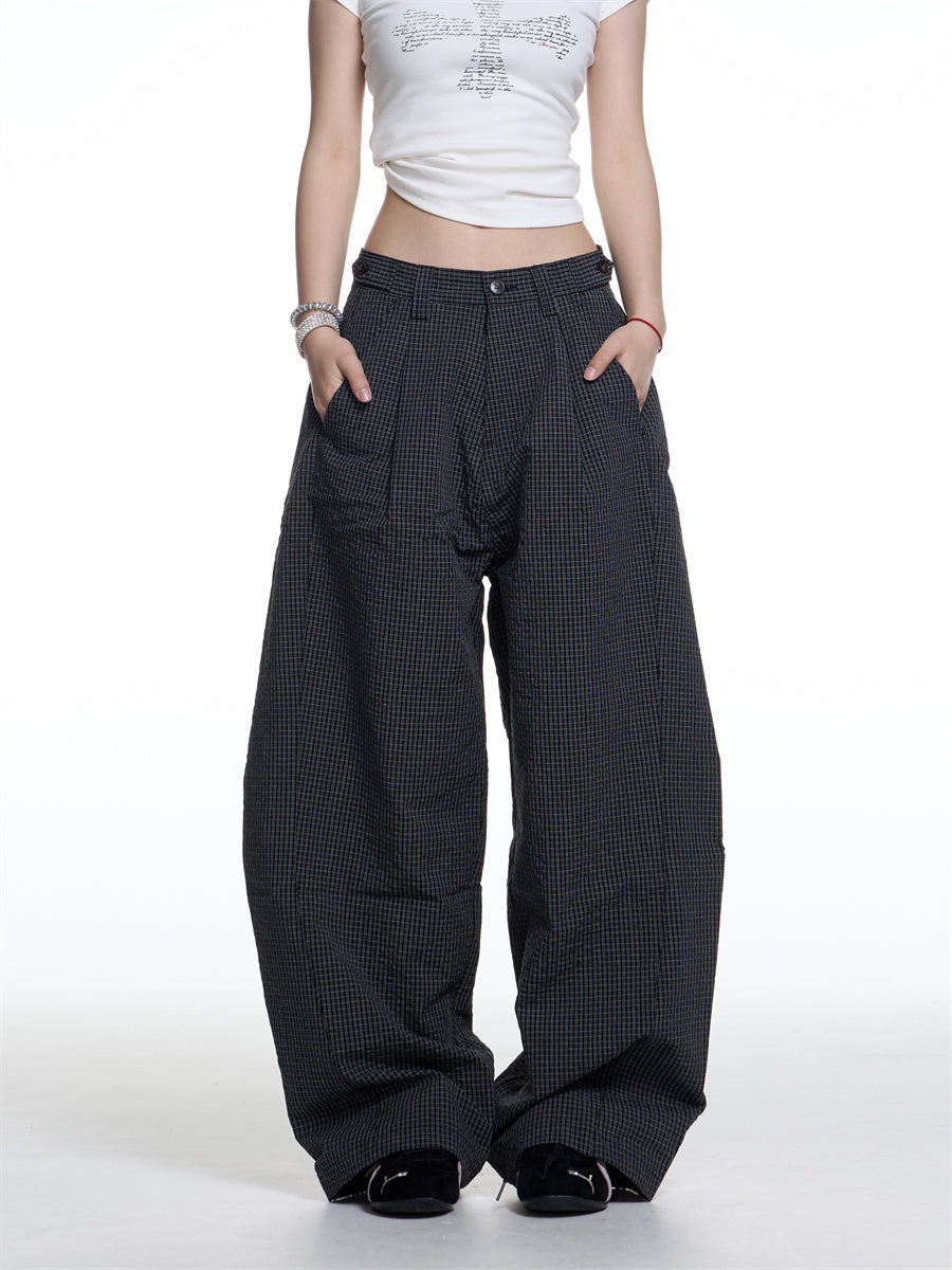 American Retro Plaid Lazy Wide Leg Machete Casual Pants For Women