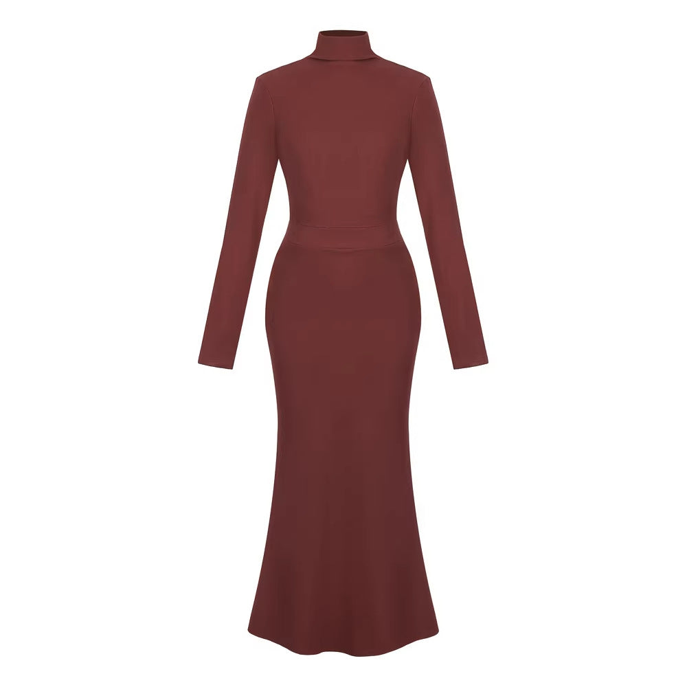 Womens Elegant High-Neck Slim-Fit Long-Sleeve Knitted Dress