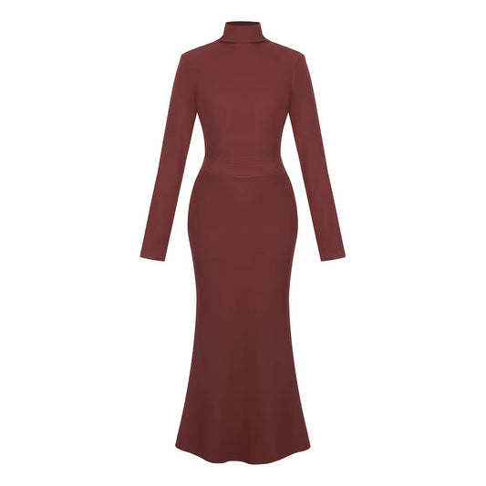 Womens Elegant High-Neck Slim-Fit Long-Sleeve Knitted Dress