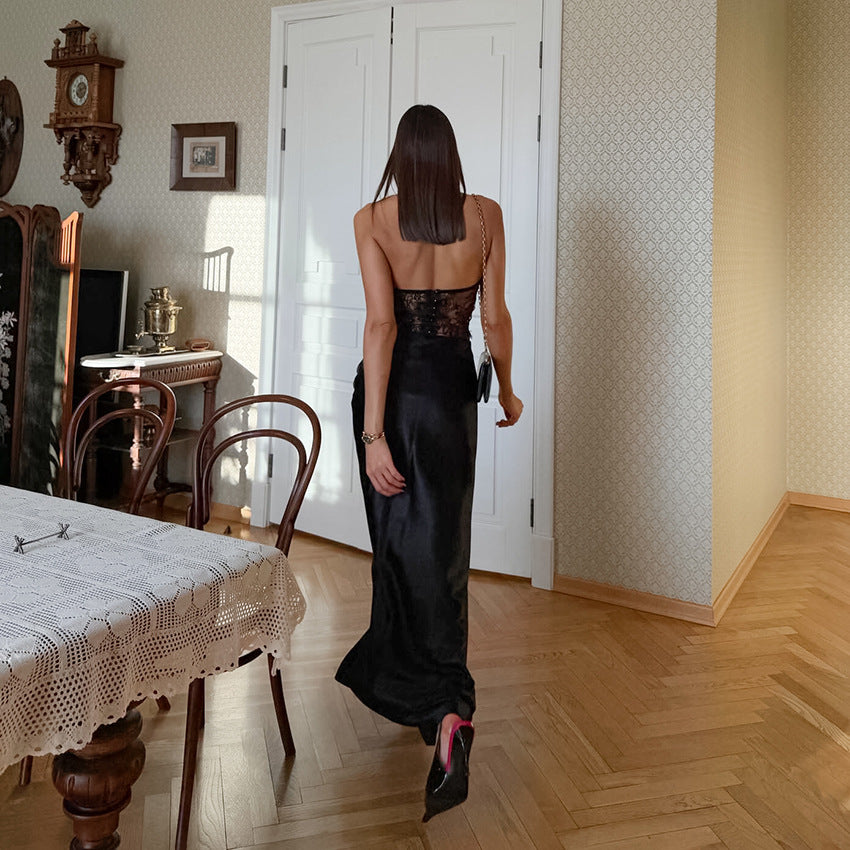 Black Lace Sheer Halter Top And Satin High-waisted Skirt Two-piece Set