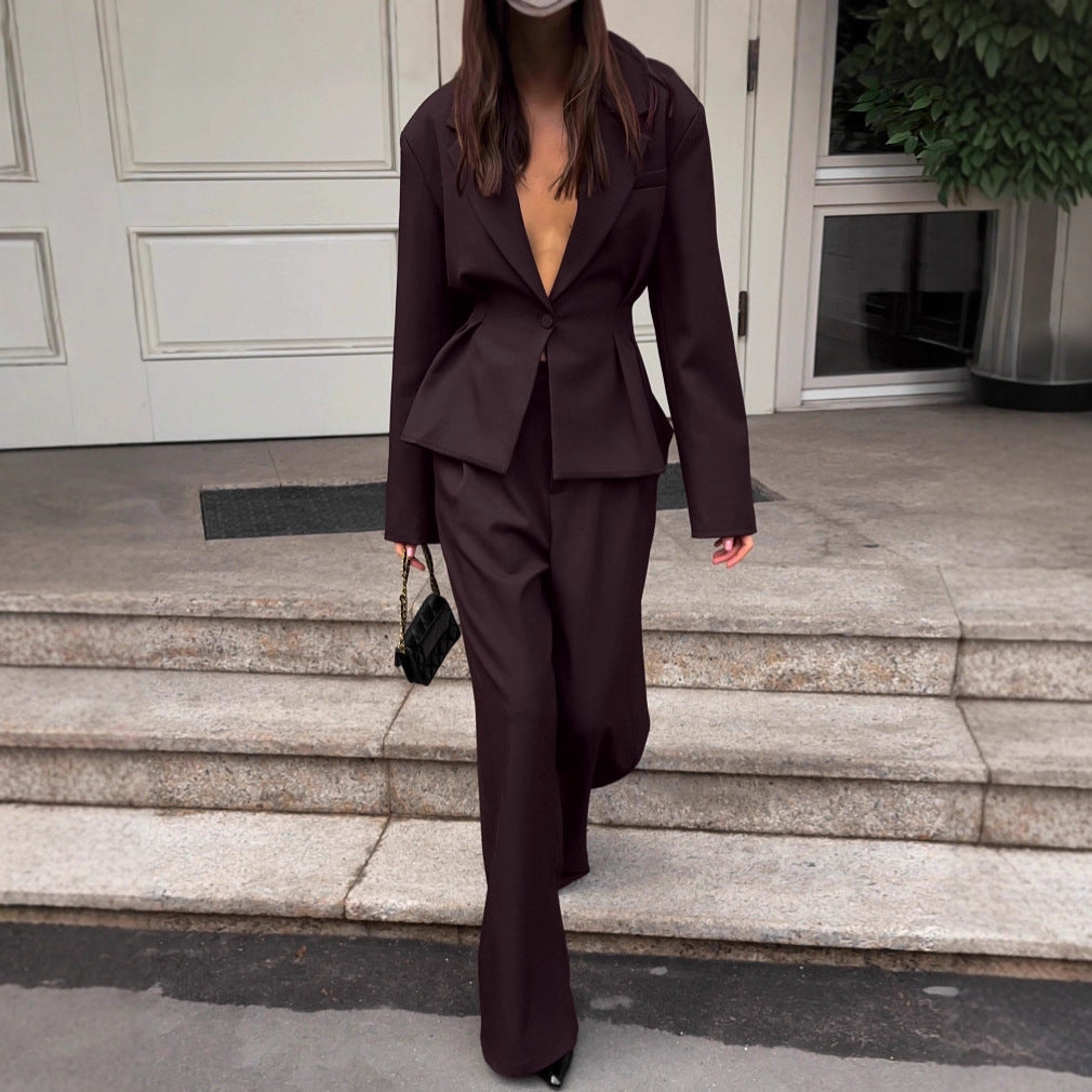 Autumn Workplace Brown Waist-cinching Suit And Trousers Set