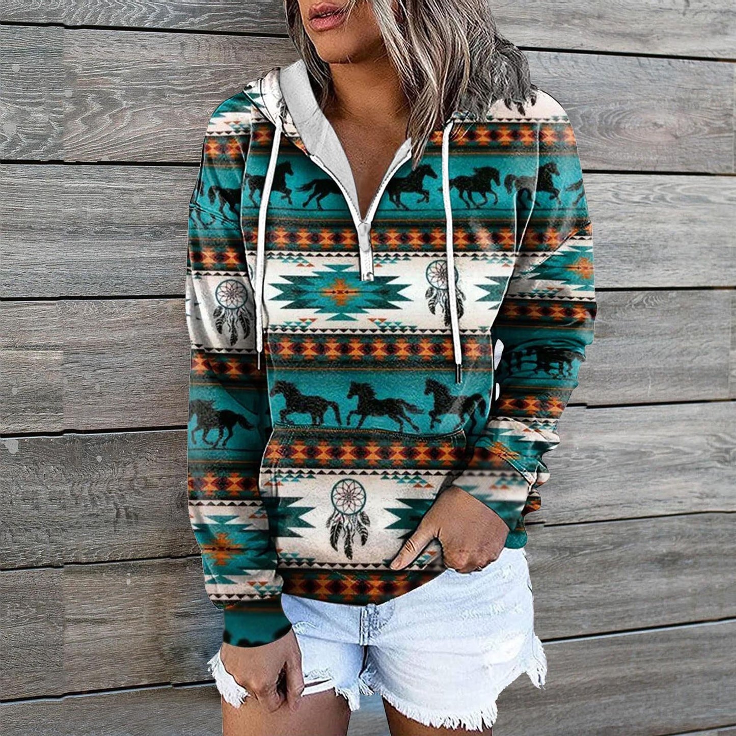 European And American Women's Zip Pocket Print Casual Hoodie