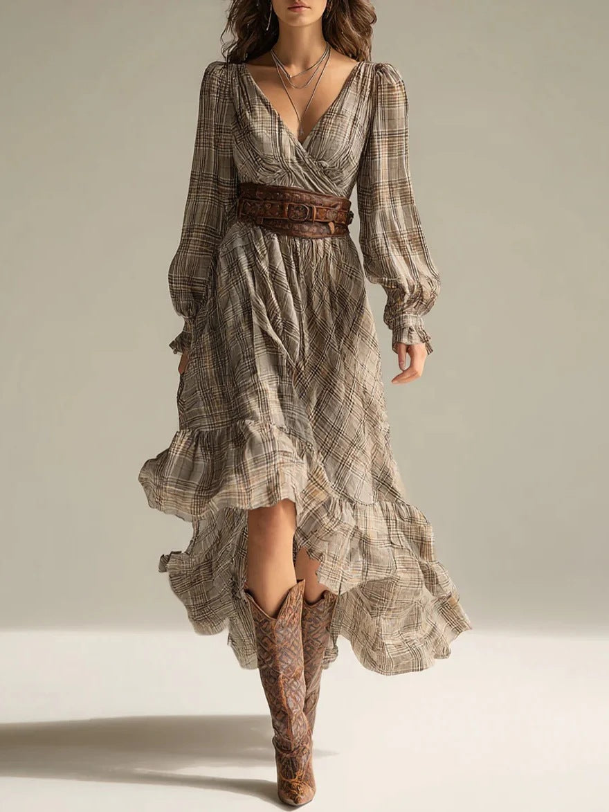 Plaid V-neck Long-sleeve Dress With Ruffled Hem