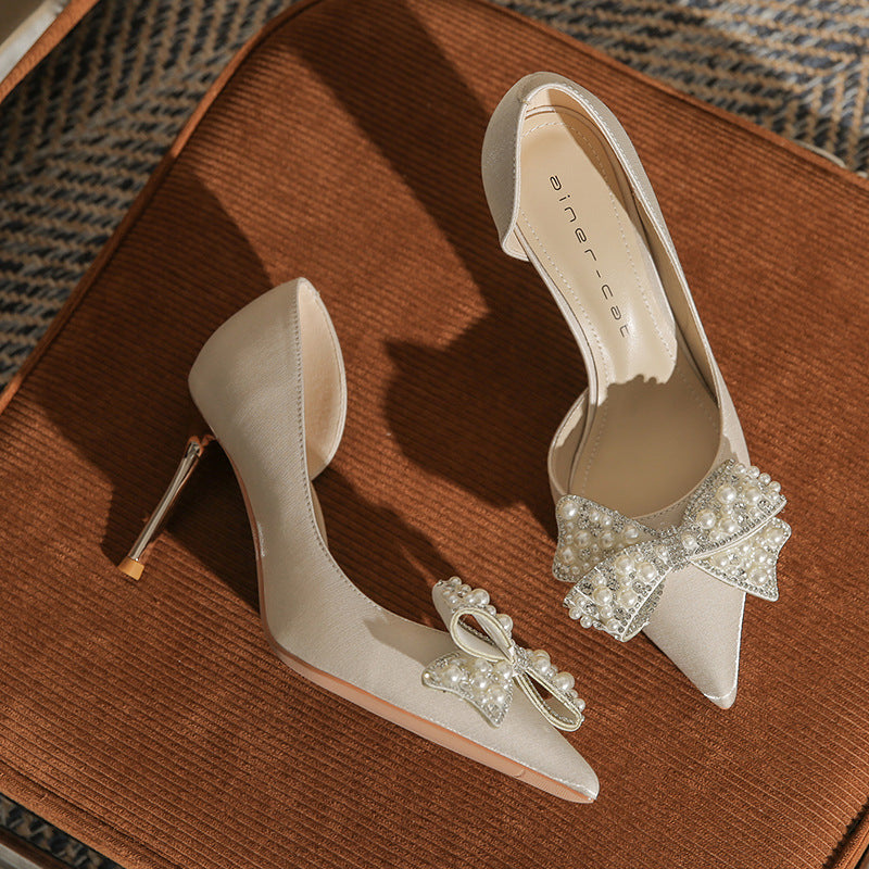 Women's Stiletto Heel Pointed Toe Side Empty Rhinestone Bow Pumps