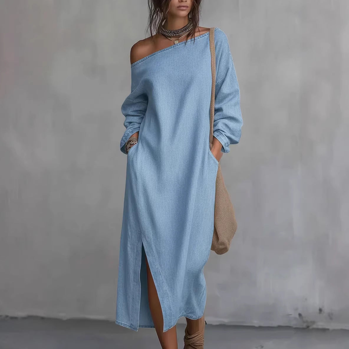 Fashionable Off-the-shoulder Slit Straight-leg, Loose-fitting Long Dress