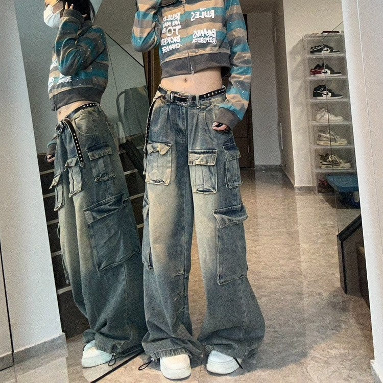 American Multi-pocket Workwear Jeans Women's Wide Leg Loose Washed Distressed Pants