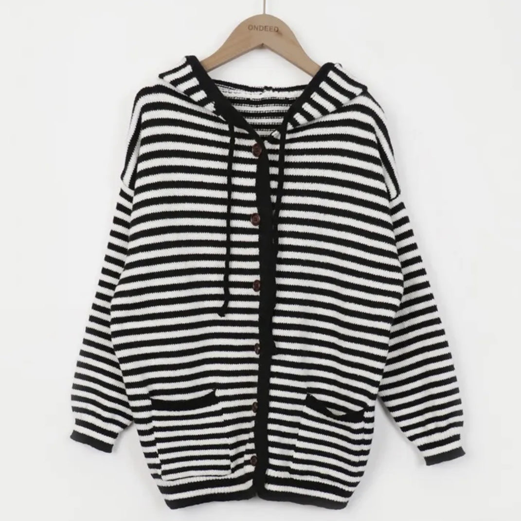 Hooded Single-breasted Knitted Cardigan Loose Sweater Coat