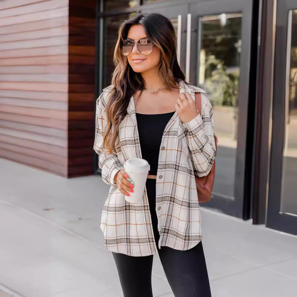 New Polo Collar Pocket Long Sleeve Plaid Shirt Thin Coat For Women