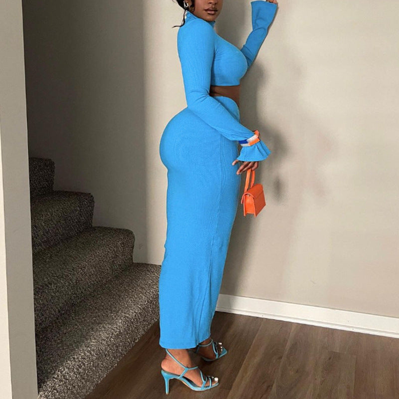 Women's Two-piece Set With Wrinkled Top And Long Skirt